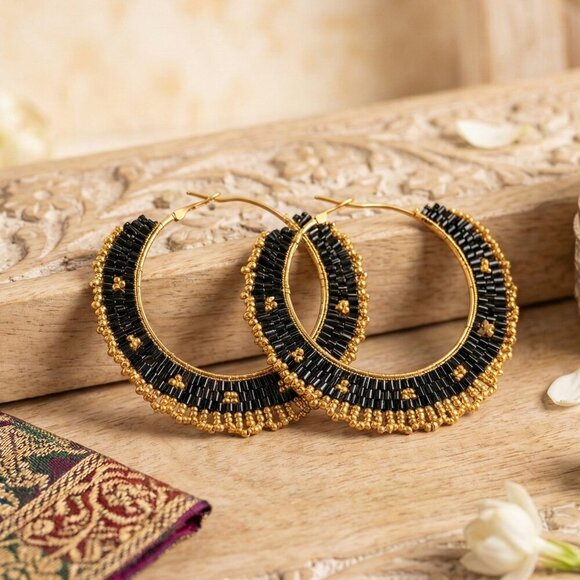 Indian Artisan Beaded Boho Chic Stylish Handmade Statement Hoop Earrings - Picture 5 of 13